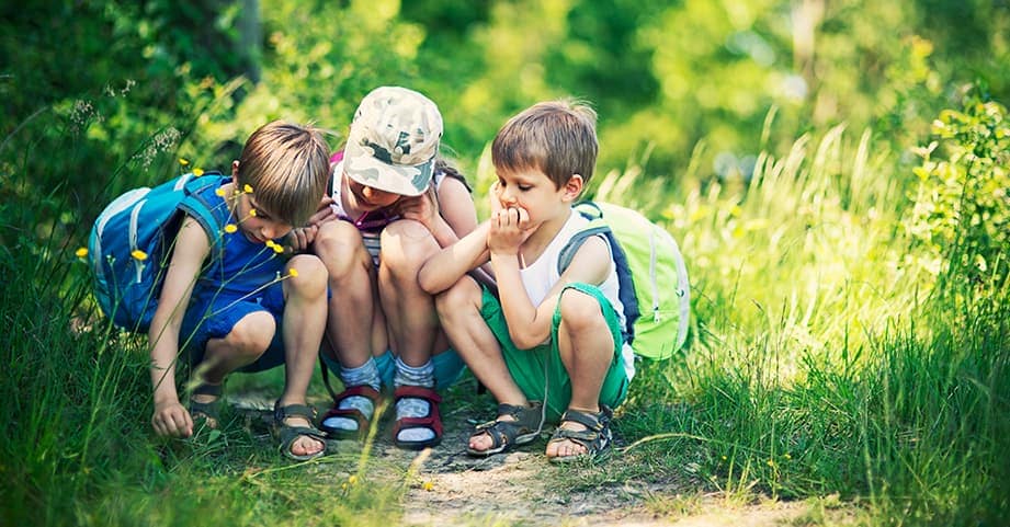 Kids in woods with planta