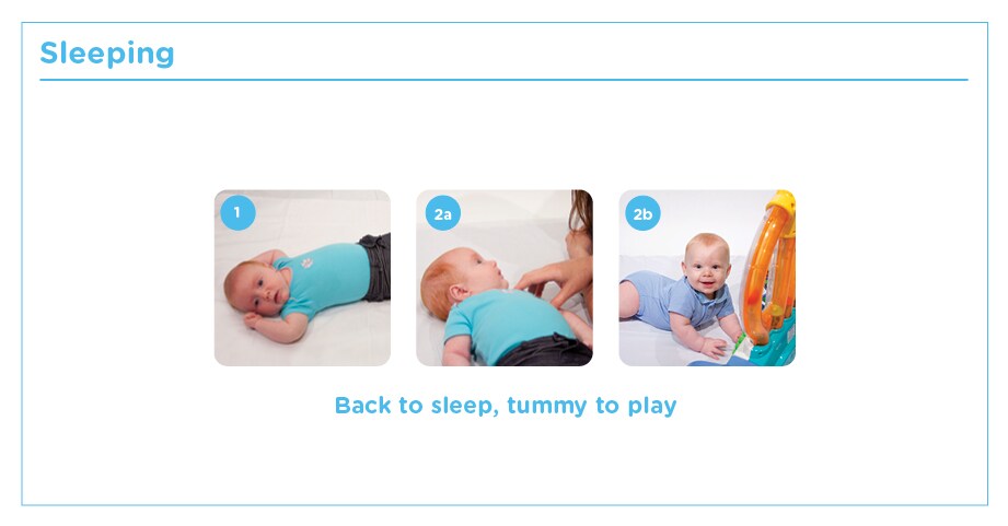 demonstration of "back to sleep, tummy to play" with infant resting on his back for sleep, and in tummy time position for playing