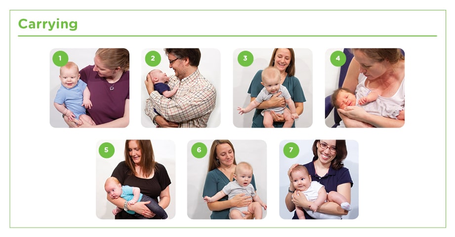 Demonstrations of safe ways to carry a baby including straddling your hip, carrying the baby over the shoulder, out in front facing away from you, carrying belly down with one arm under for support, playing airplane, carrying baby facing away so they can watch the room, and carrying facing away on their side.