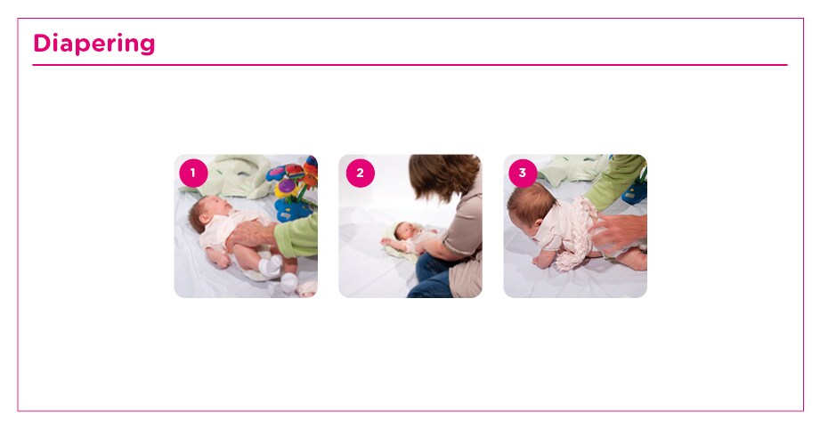 Demonstration of diapering to prevent flat head by rolling baby side to side while fastening diaper tabs, positioning baby facing you, and rolling baby on their belly after being diapered.