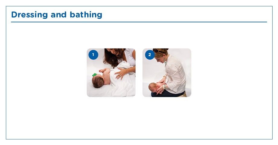 Schéma montrant comment habiller et baigner votre bébé pour éviter d'avoir la tête plate.