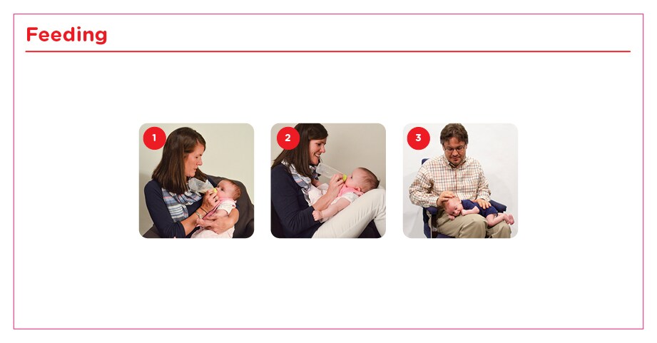 demonstrations of 3 feeding tips to encourage more tummy time for your infant including bottle feeding resting in crook of arm, feeding facing you resting on pillow placed against your legs, and burping on their belly resting across your lap.