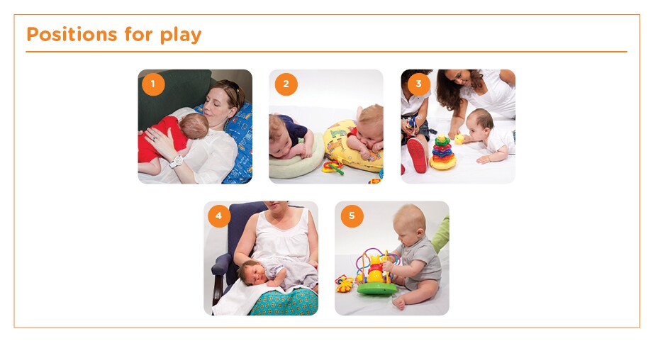  demonstrations of how a baby can be positioned with their head centered and facing you while being held, with their head centered in a car seat, and with toys or things to look at on both sides while resting on their back and in tummy time.