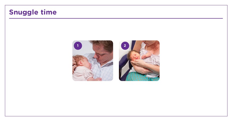 demonstration of baby snuggling with head placed on shoulder as well as swaddled in arms of parent.