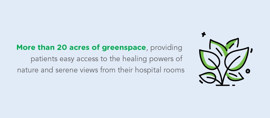 More than 20 acres of greenspace, providing patients easy access to the healing powers of nature and serene views from their hospital rooms