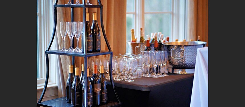 Wine and champagne table with wine glasses