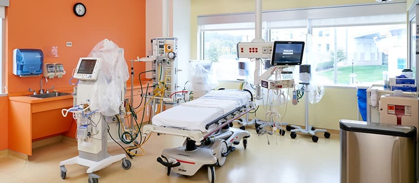 patient bed in intensive care unit area