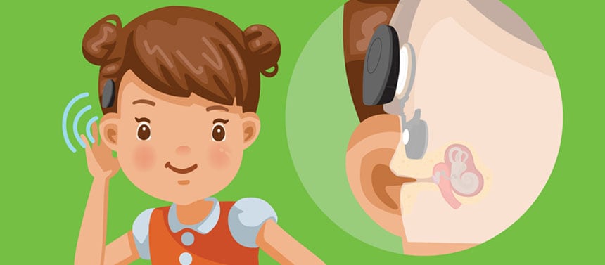 Illustration of active magnetic hearing device in place on a pediatric patient