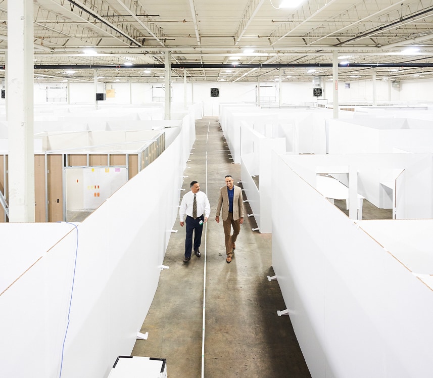 bird’s eye view of a warehouse transformed into a cardboard Children’s hospital