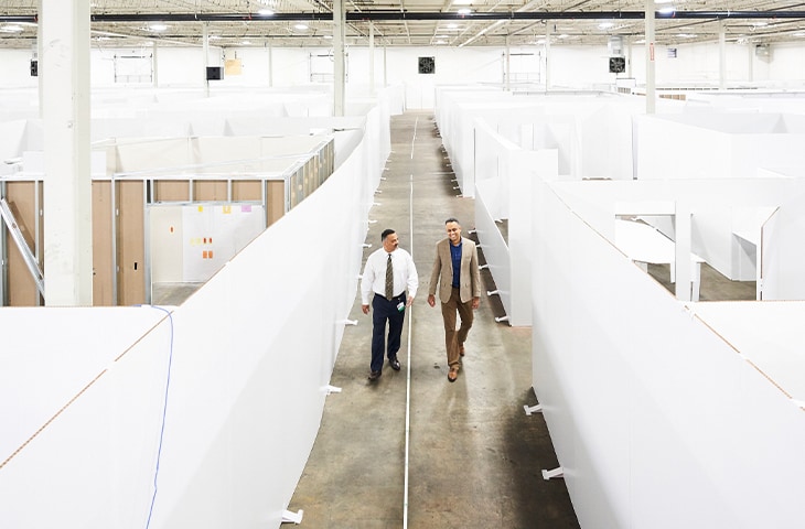 bird’s eye view of a warehouse transformed into a cardboard Children’s hospital