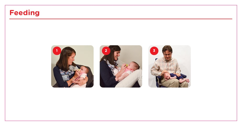 demonstrations of 3 feeding tips to encourage more tummy time for your infant including bottle feeding resting in crook of arm, feeding facing you resting on pillow placed against your legs, and burping on their belly resting across your lap.
